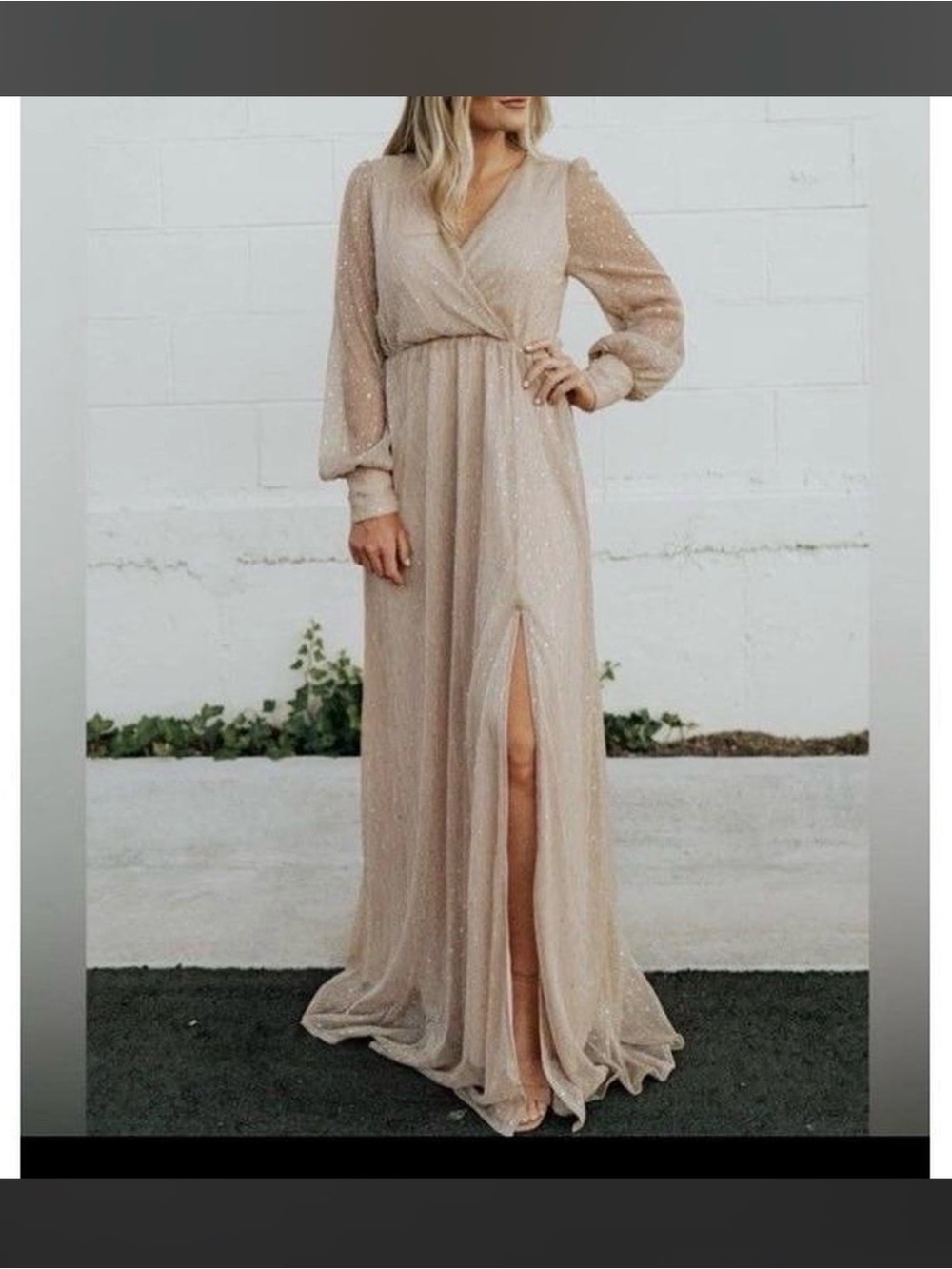 Baltic Born Champagne Sequin Long Sleeve Wrap Maxi Dress Size L NWT